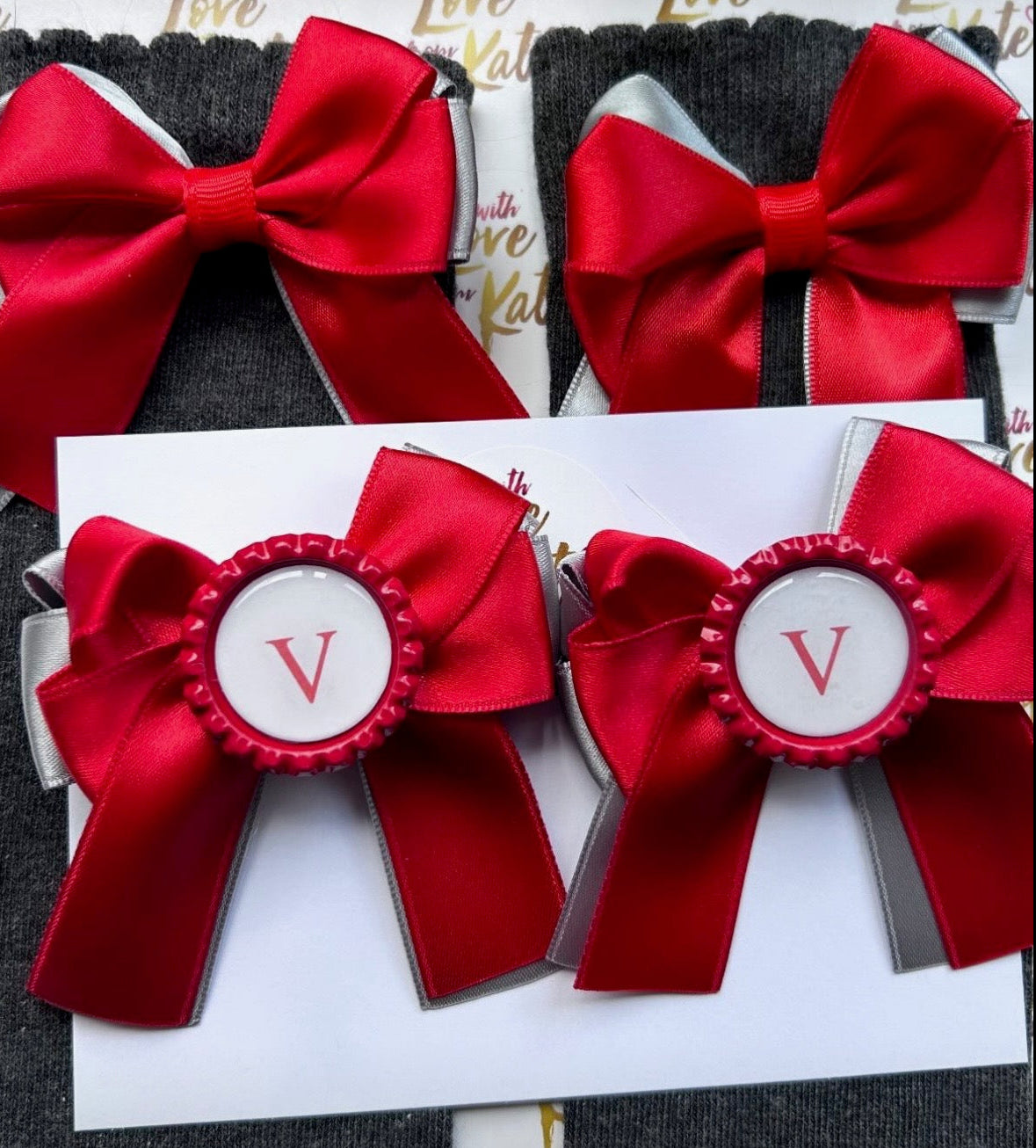 Red & grey short tail bow socks & personalised bows set