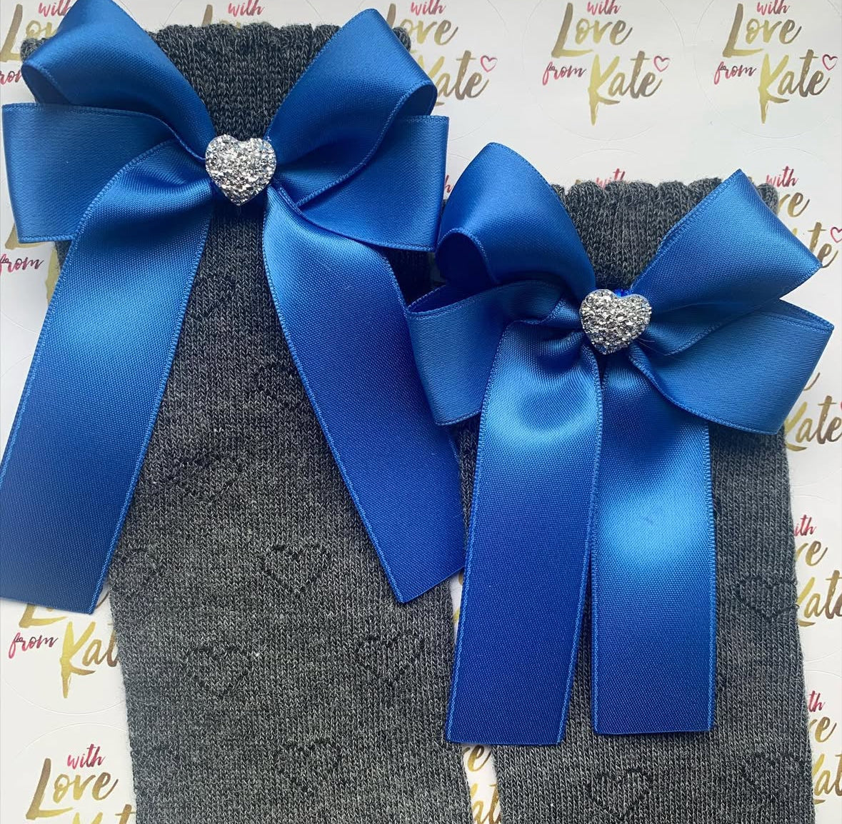 Grey socks with royal blue long tail bows