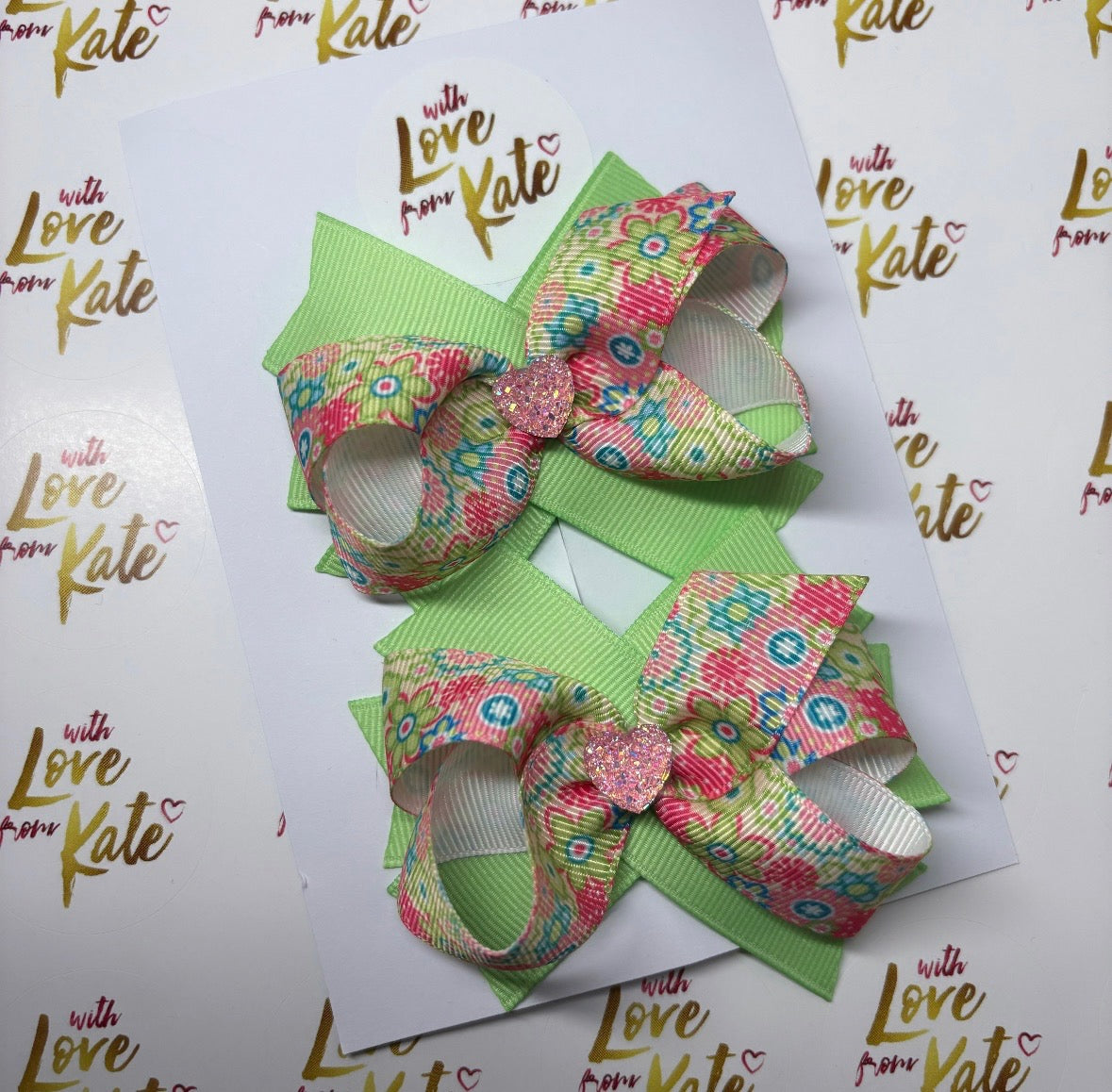Floral Stacked bow with heart centre