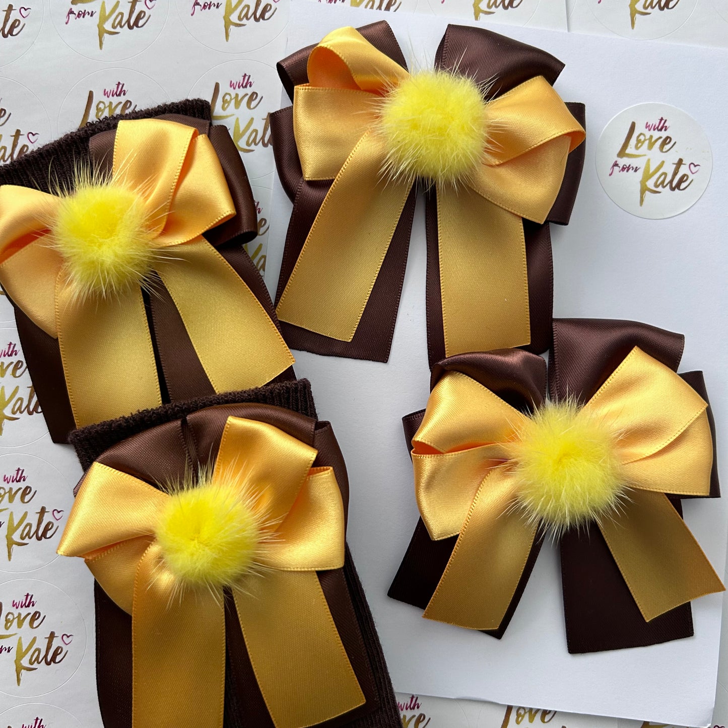 Brown & Yellow XL short tail bow socks & hair bow set