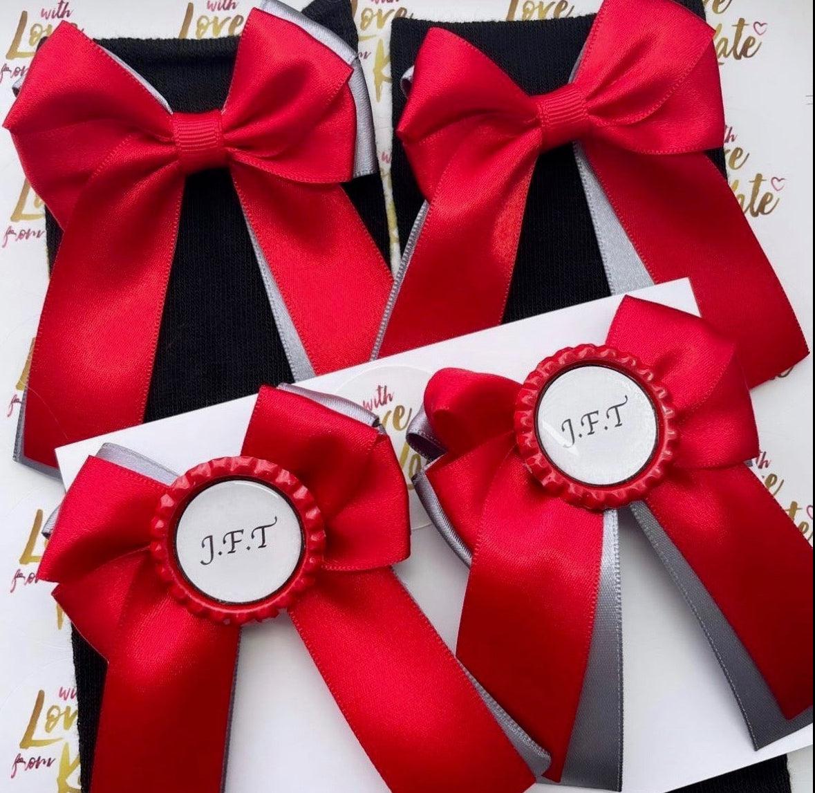 Red & grey long tail bow black socks & personalised bows set