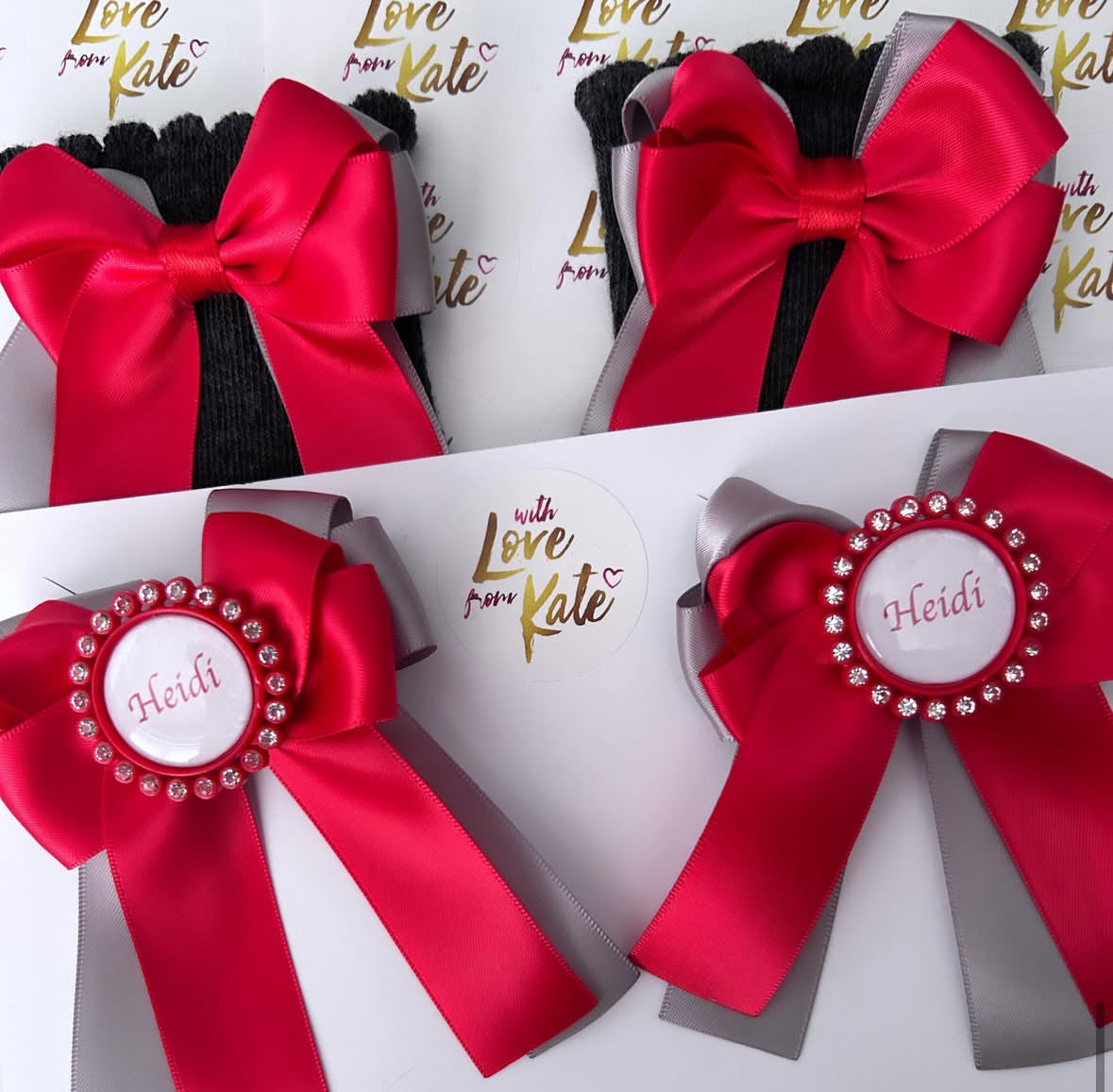 Red & grey long tail bow grey socks & personalised bows set