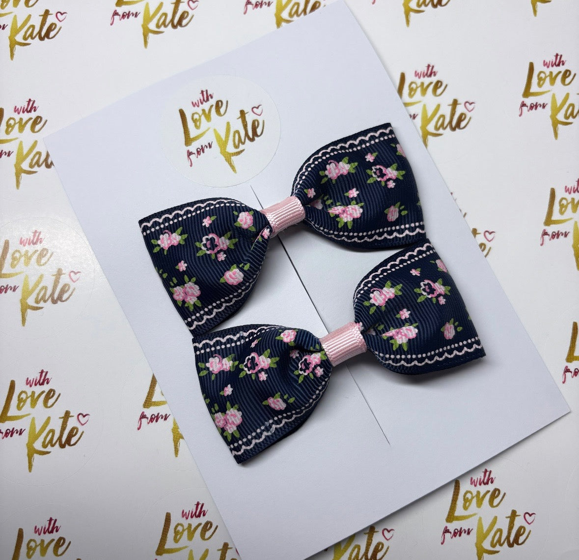 Navy & Pink floral pinch bow