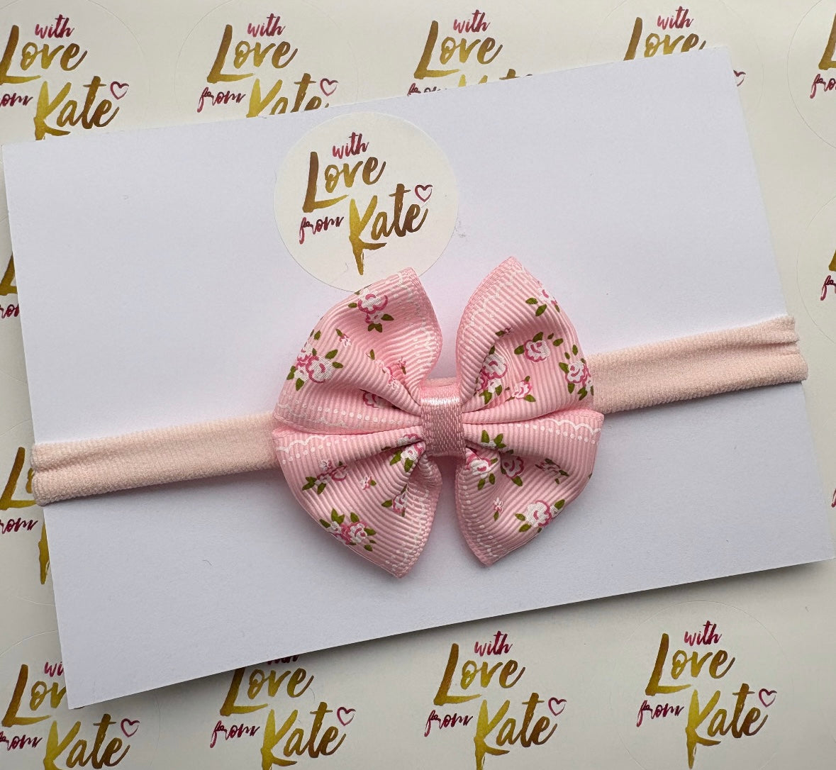 Pink floral double Tux bow baby headband