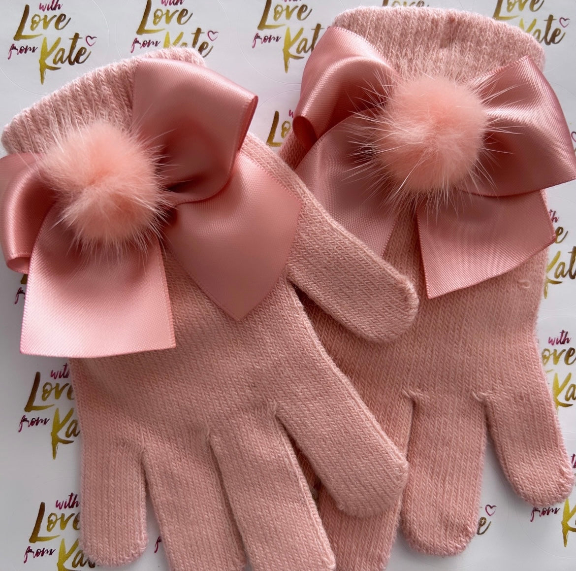 Dusky Pink gloves with satin bows and pom poms