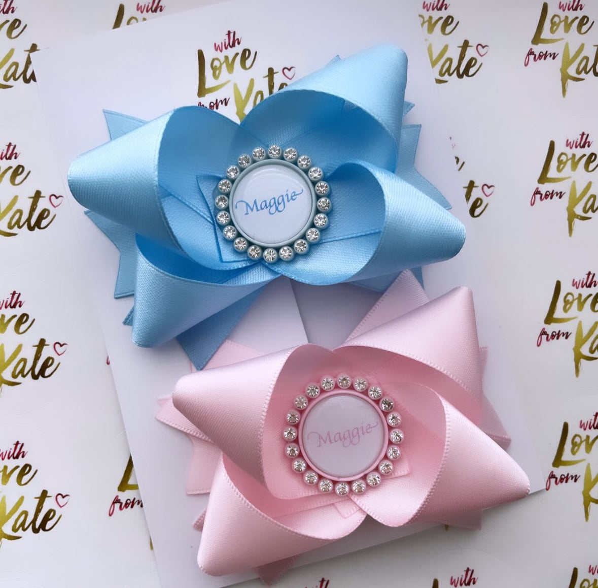 Baby pink & blue stacked bow set with personalisation