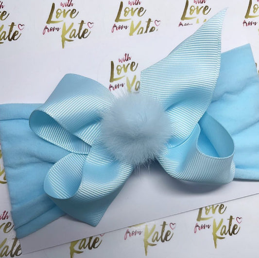 Baby Blue boutique bow baby headband with Pom Pom centre