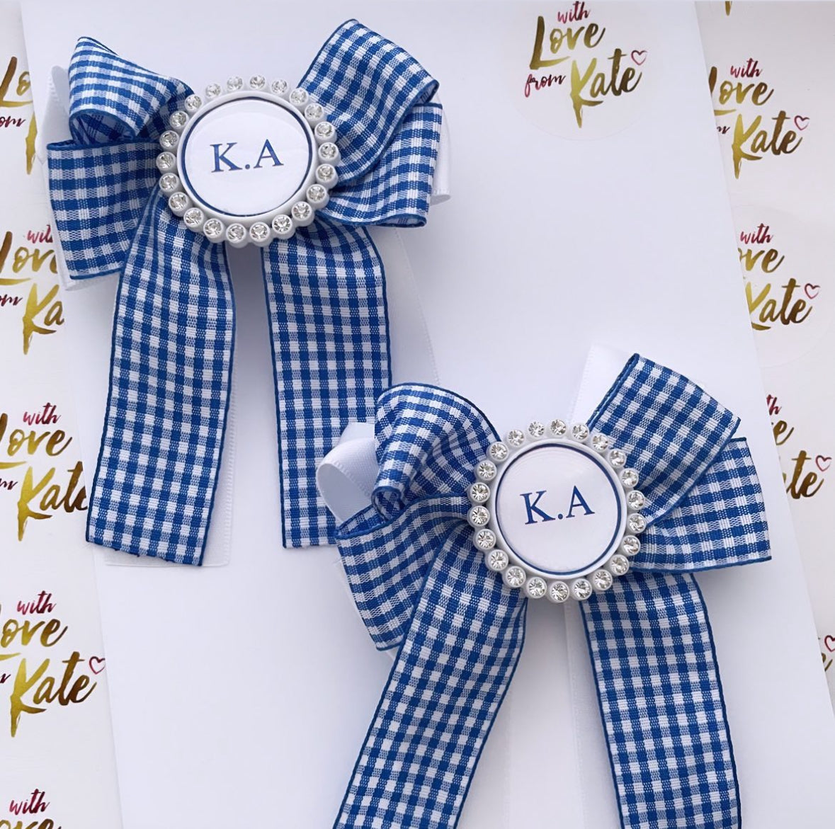 Blue gingham & white long tail bow with personalisation