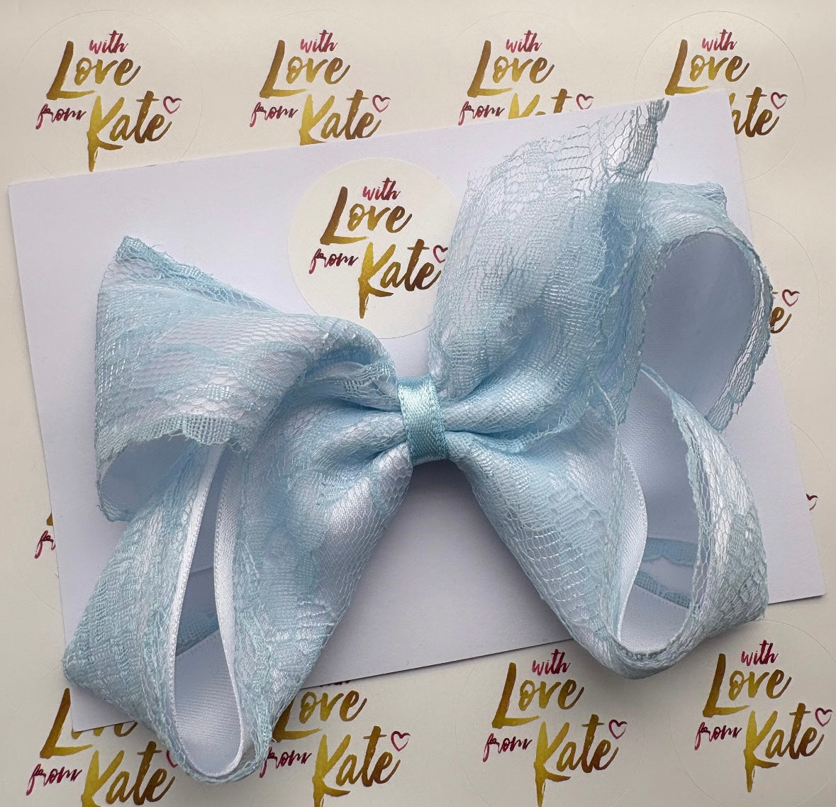 White satin & baby blue lace large boutique bow