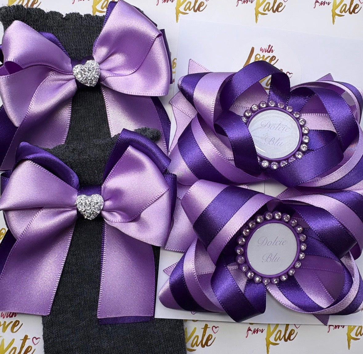 Purple & lilac long tail bow socks & personalised bows set