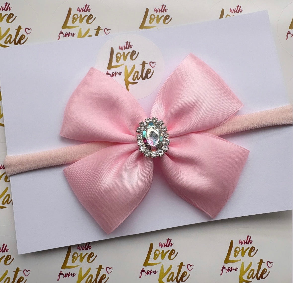 Pink double Tux bow with dismante baby headband