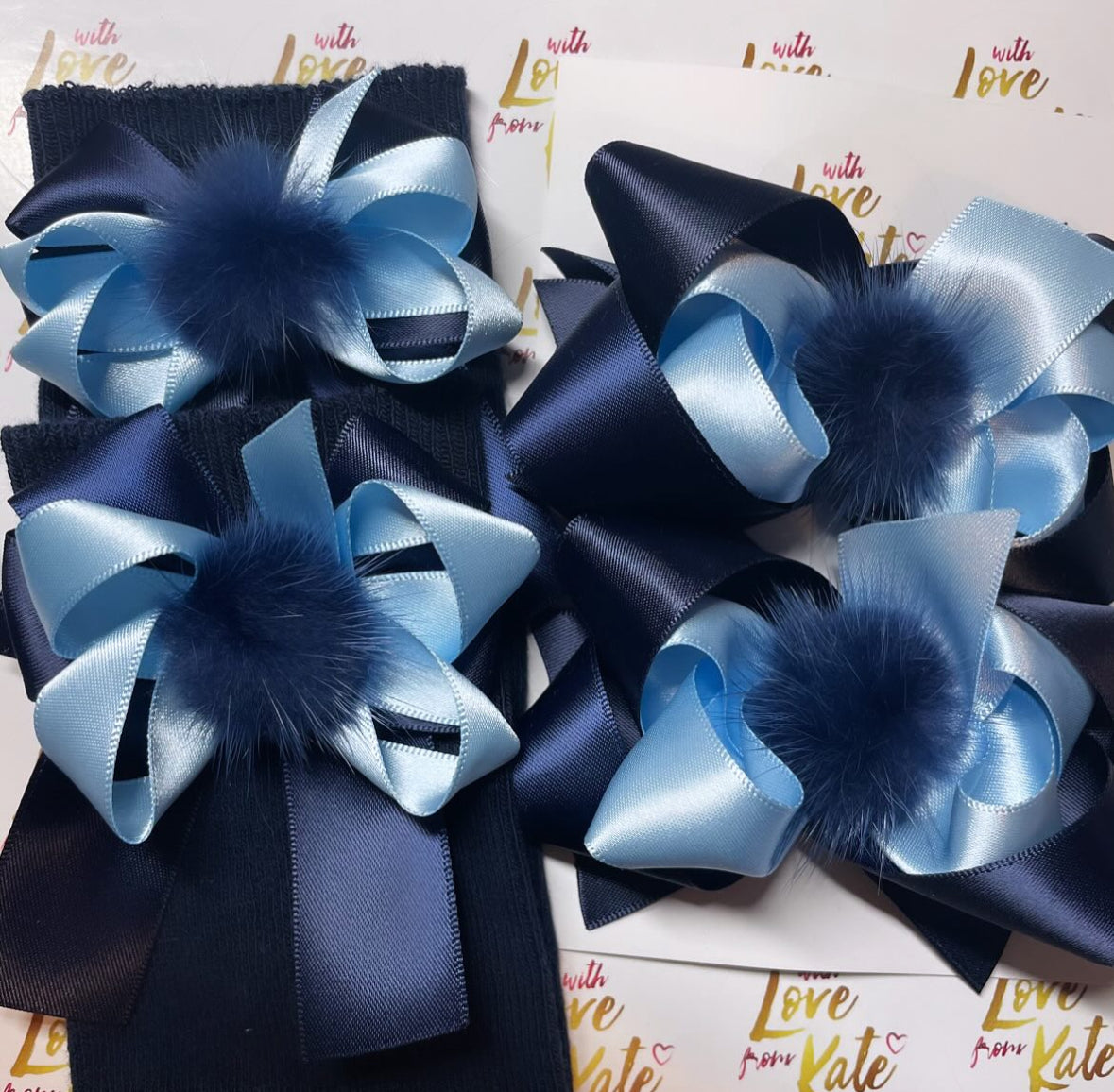 Navy & light blue pom pom centre stacked bows & sock set