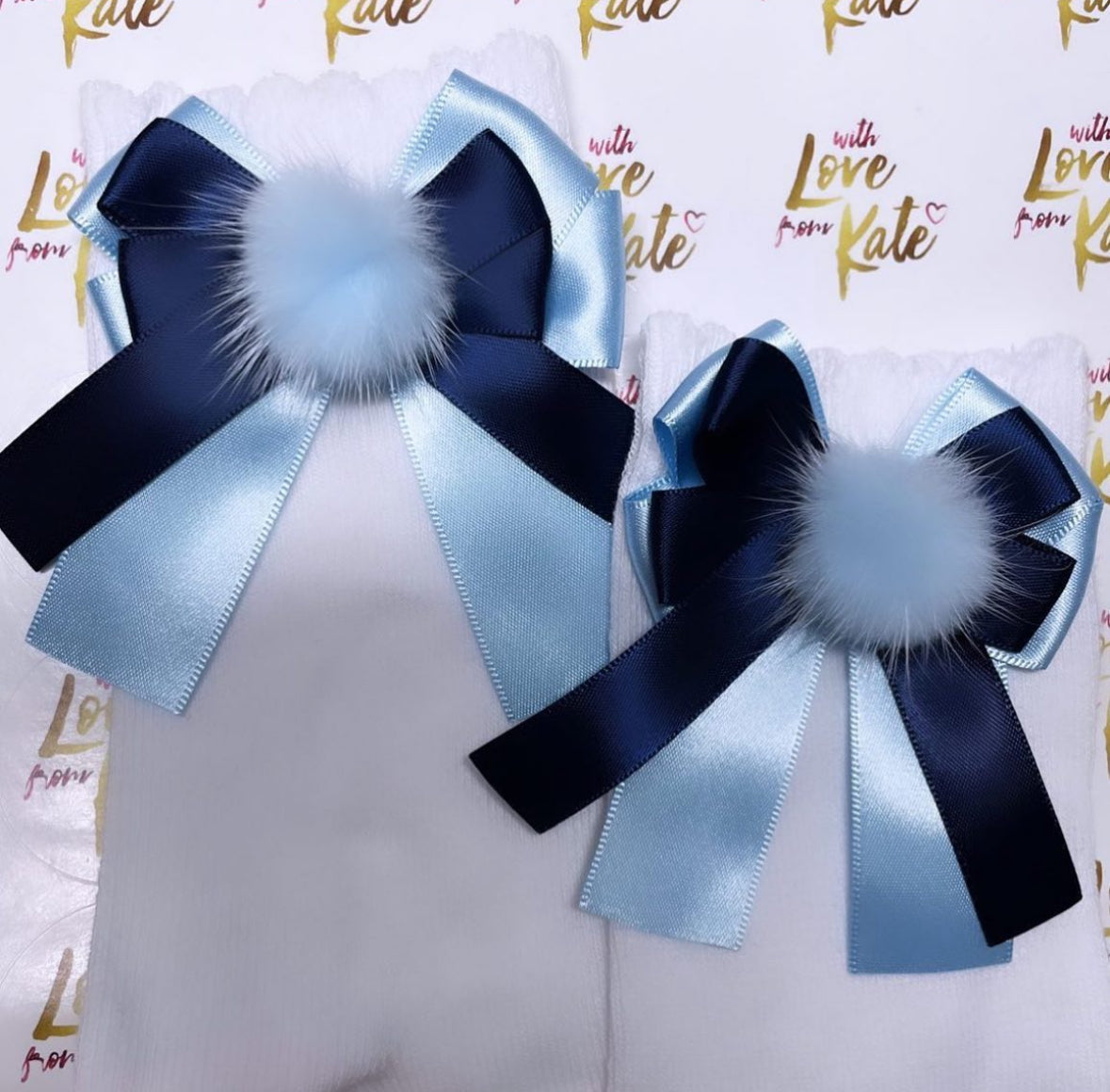 White socks with navy & light blue pom pom long tail bows