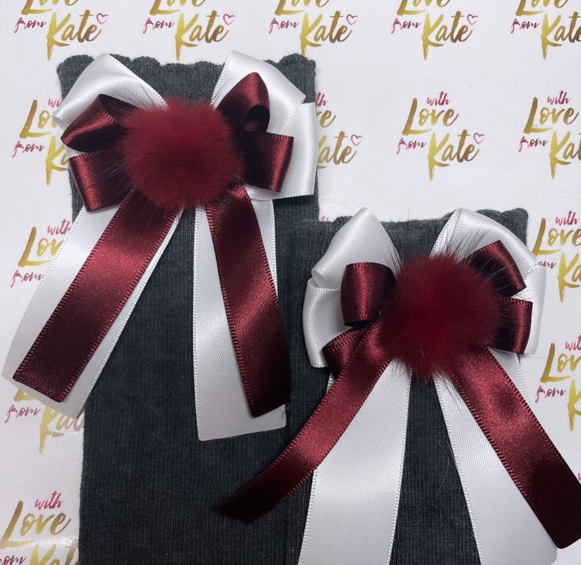 Grey socks with maroon & white pom pom long tail bows