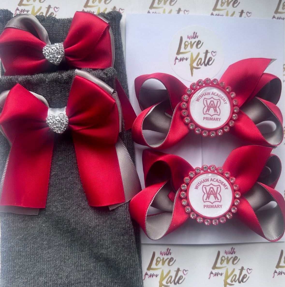 Red & grey long tail bow socks & personalised boutique bows set