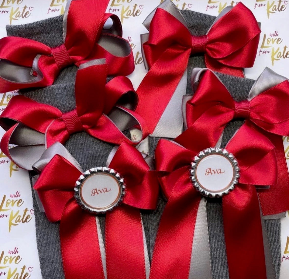 Red & grey socks & personalised long tail bows set