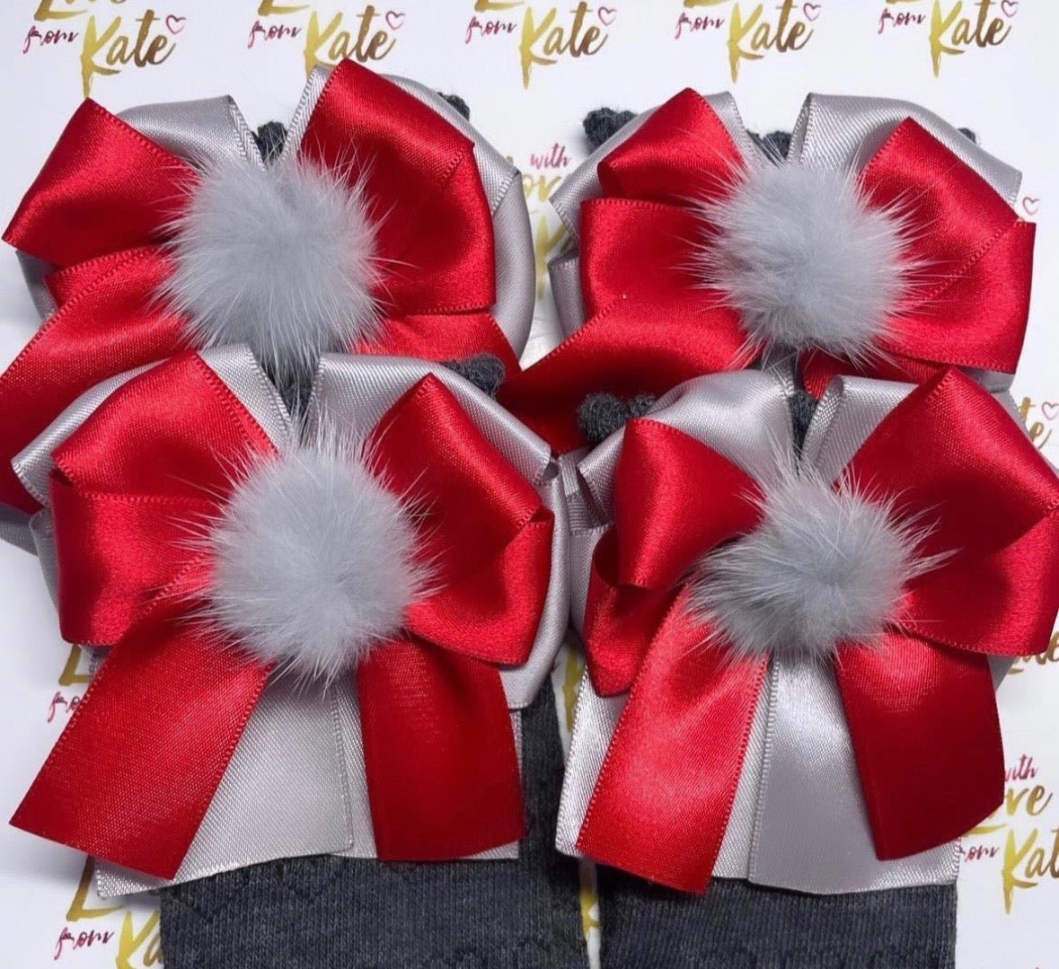 Red & Grey XL short tail bow socks & hair bow set