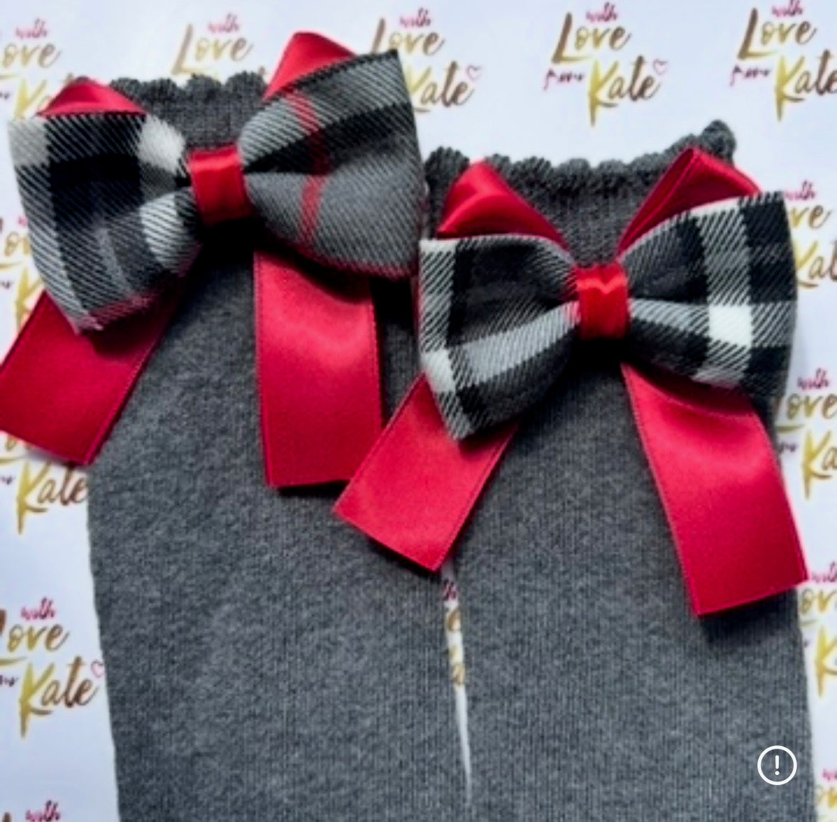 Red & grey tartan long tail bow knee high socks