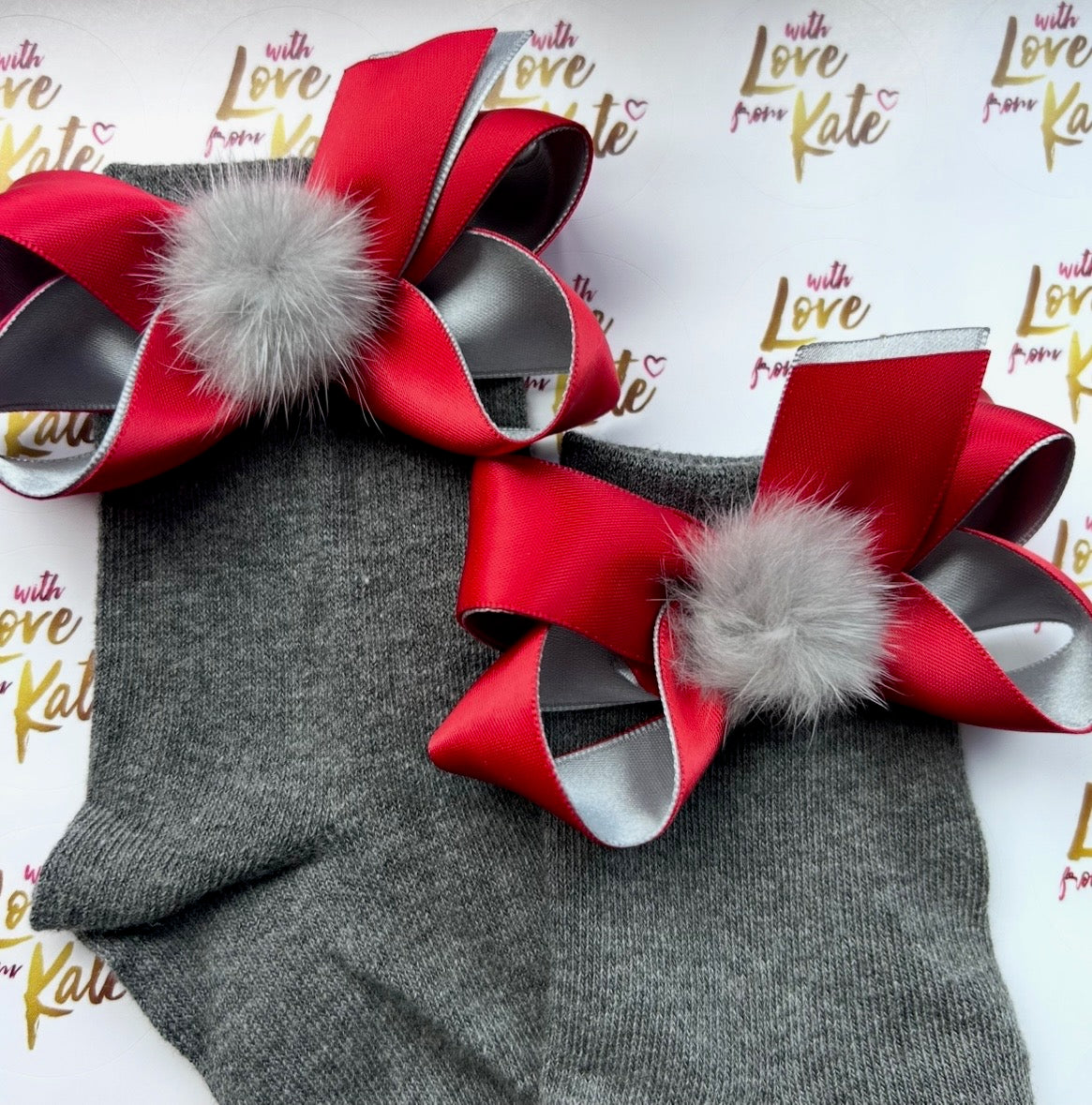 Red & grey boutique bow ankle socks with pom poms