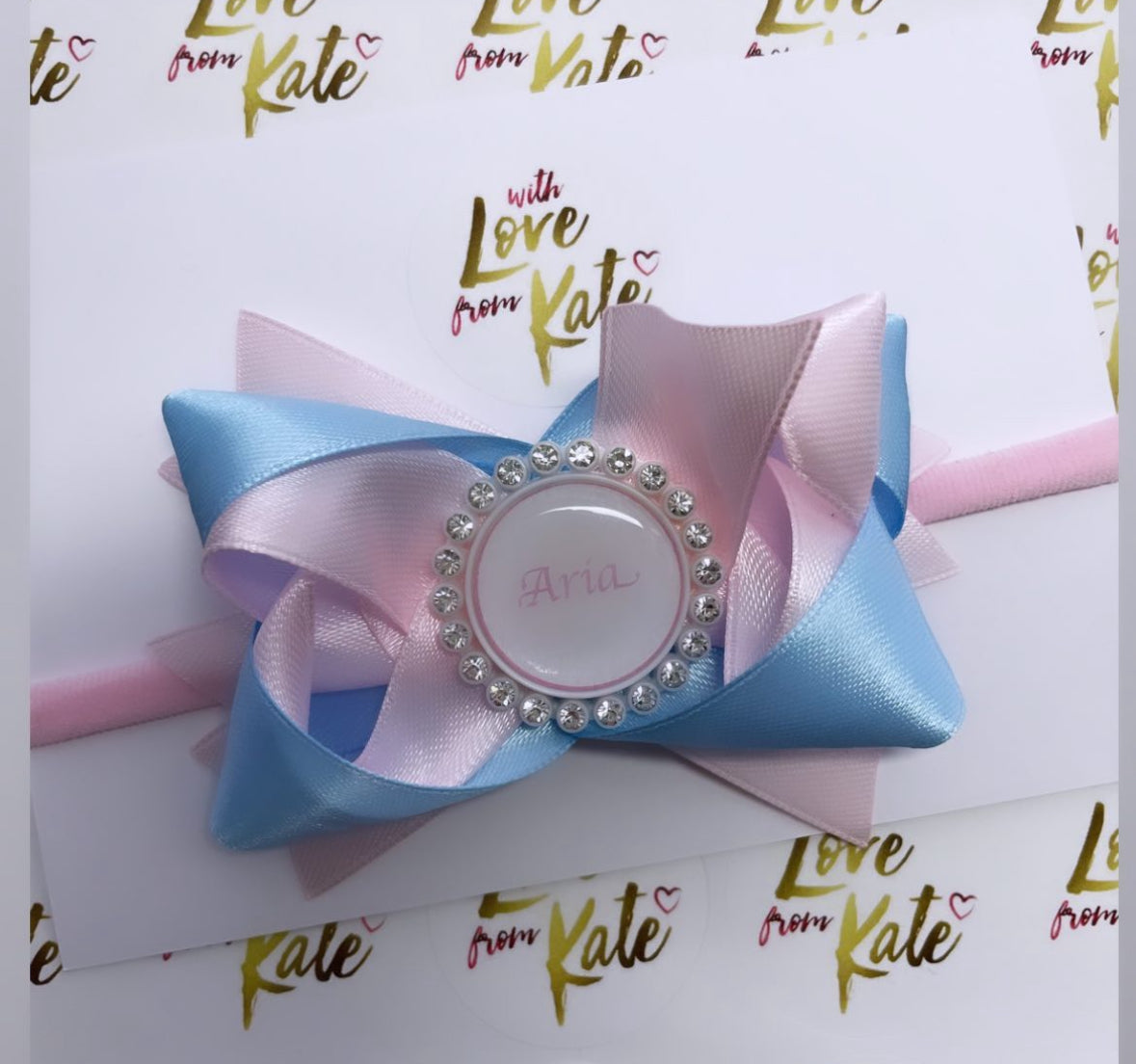 Baby pink & blue personalised stacked bow baby headband