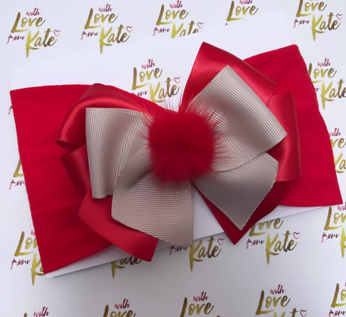 Red & Beige XL Short tail bow baby headband