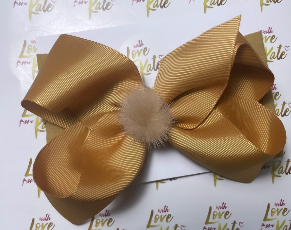 Camel 6 inch boutique bow baby headband with pom pom