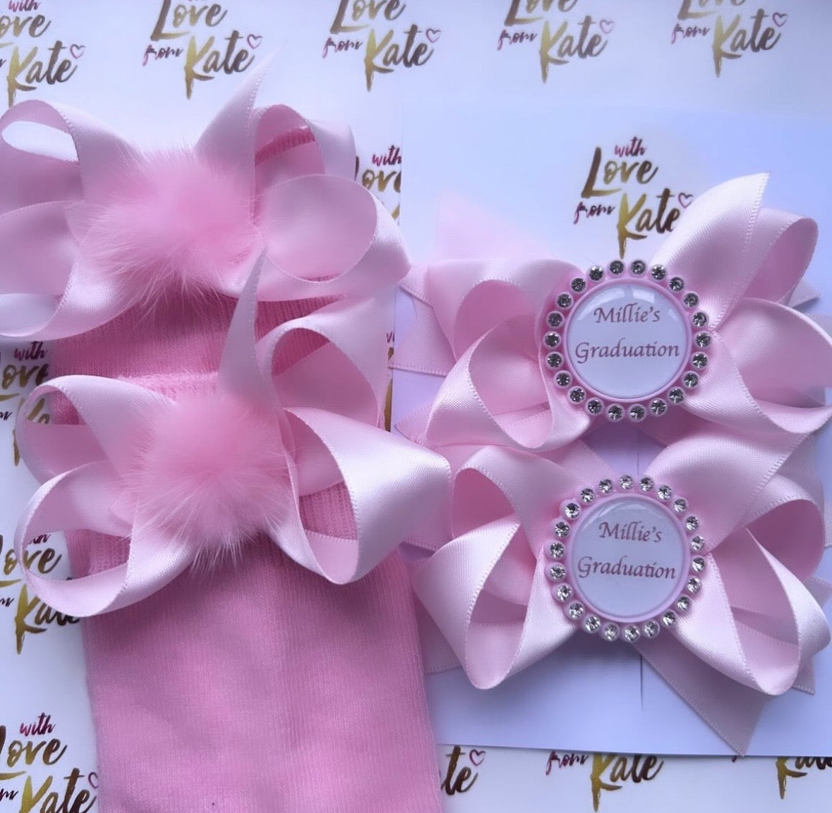 Baby pink knee high socks & matching bows set