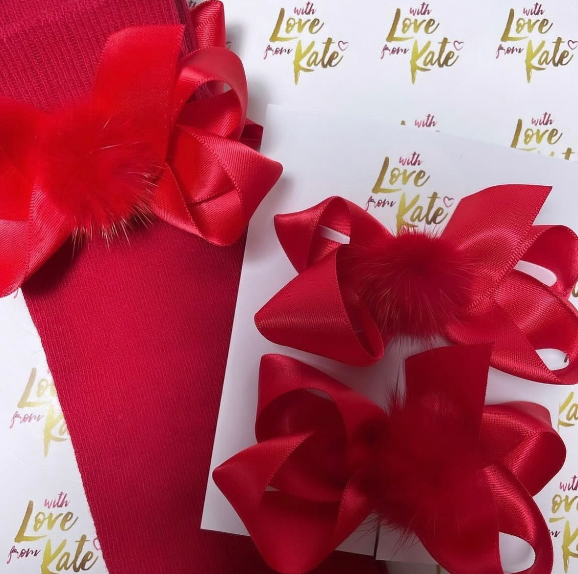 Red knee high socks & matching bows set