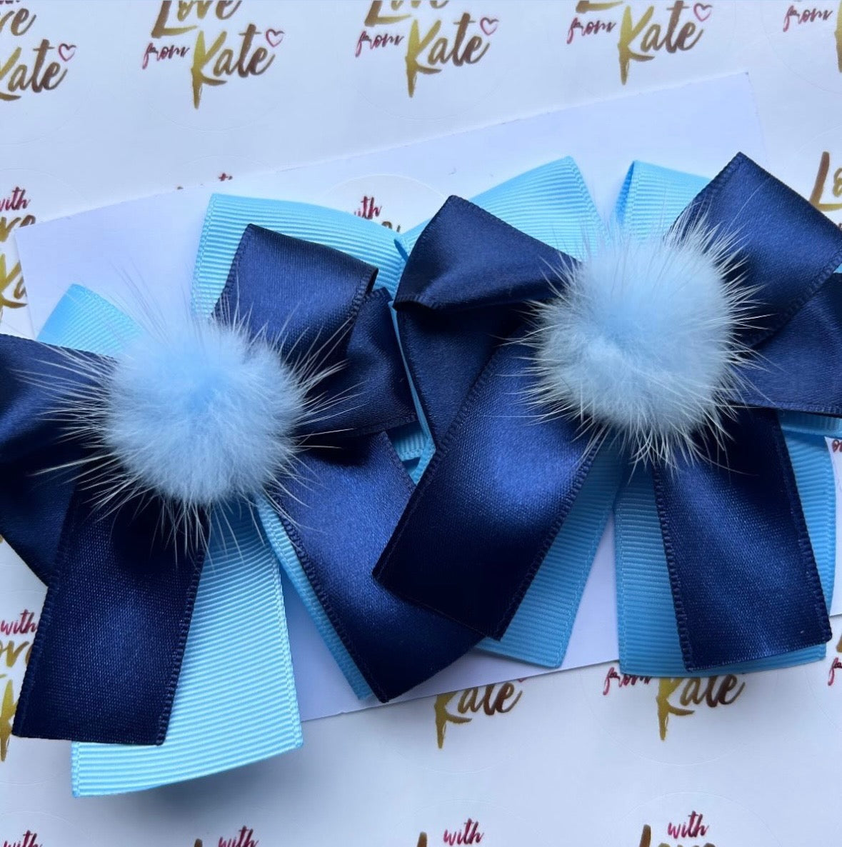 Navy & blue XL short tail bow with pom pom