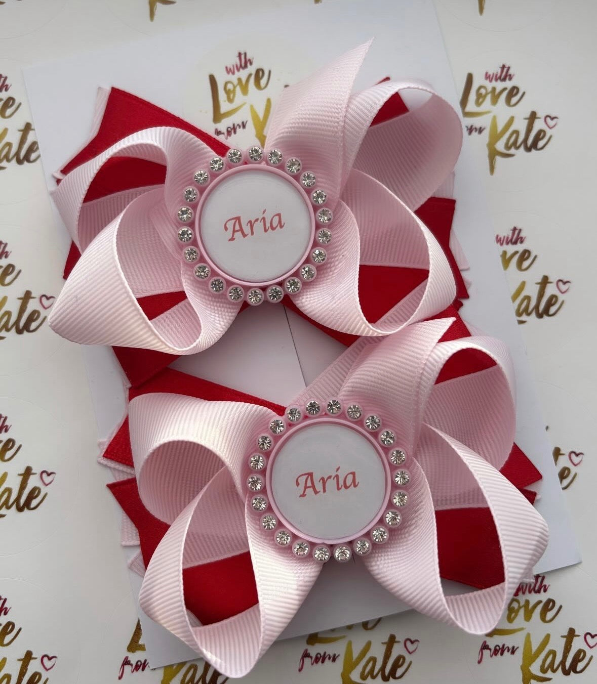 Pink & red boutique stacked bow with personalisation
