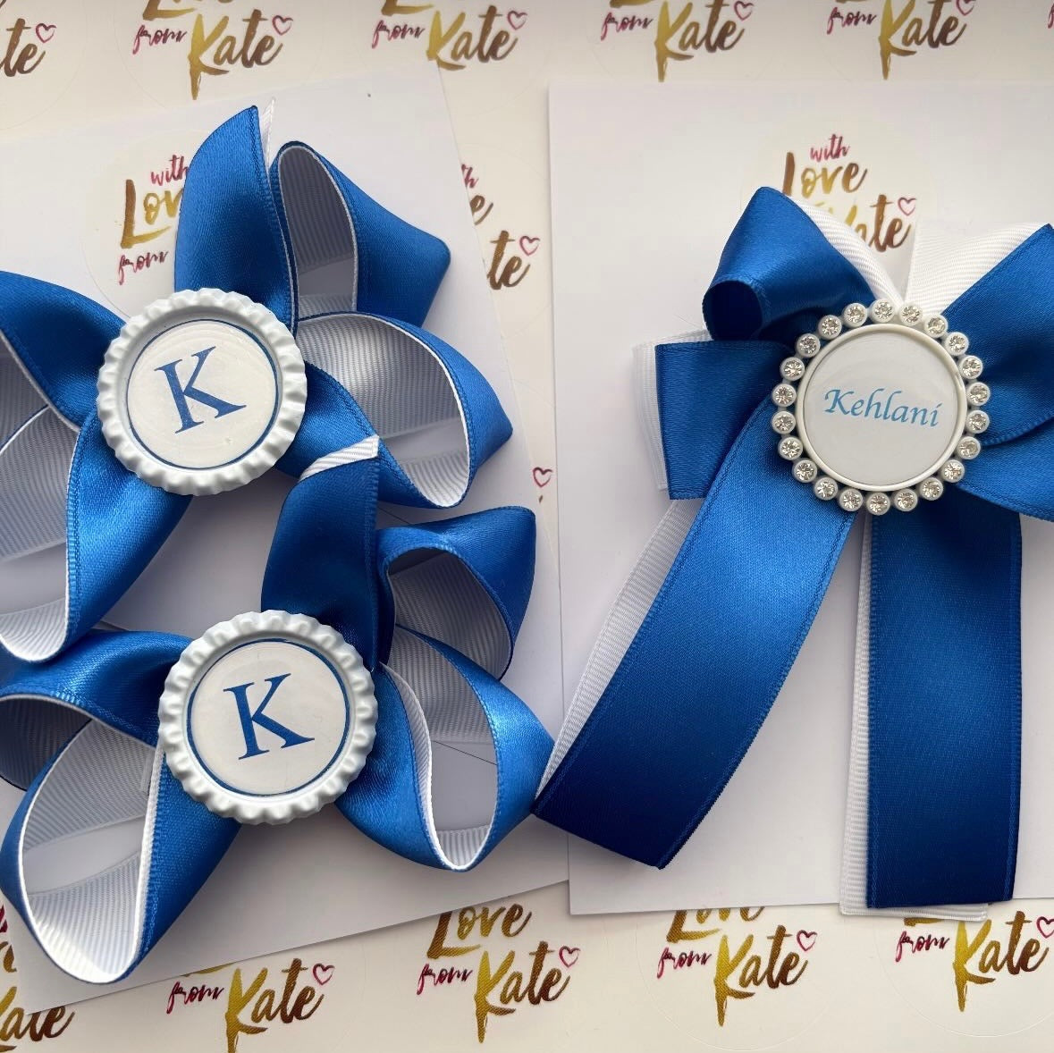 Royal blue & white boutique & long tail bow set