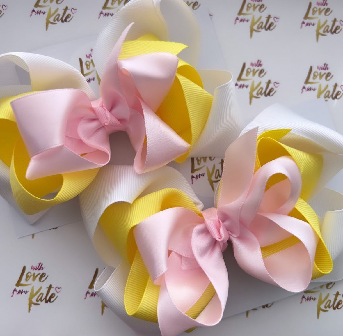 Large white, lemon & pink triple boutique bow