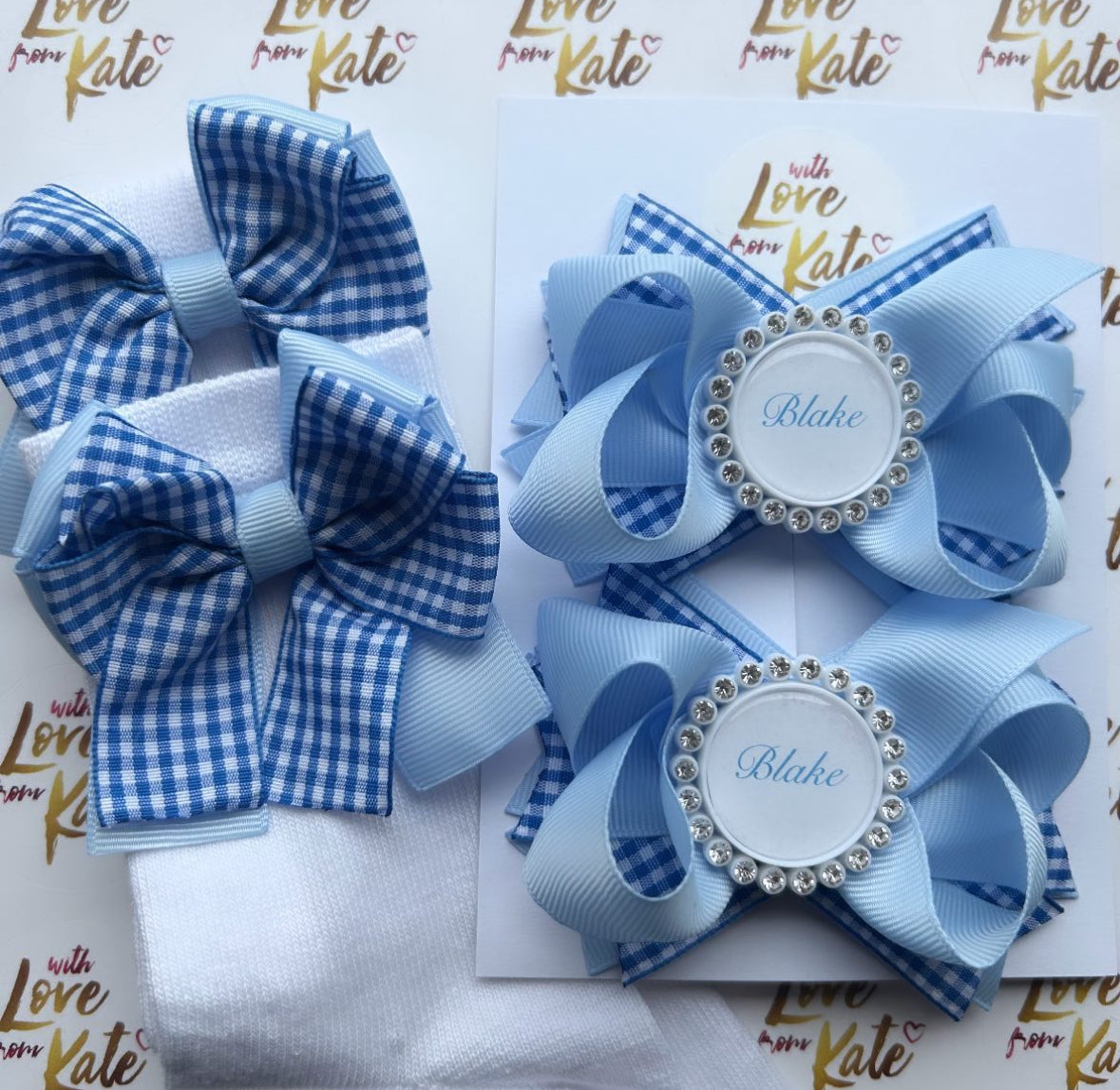 Gingham & light blue long tail bow socks & personalised stacked bows set