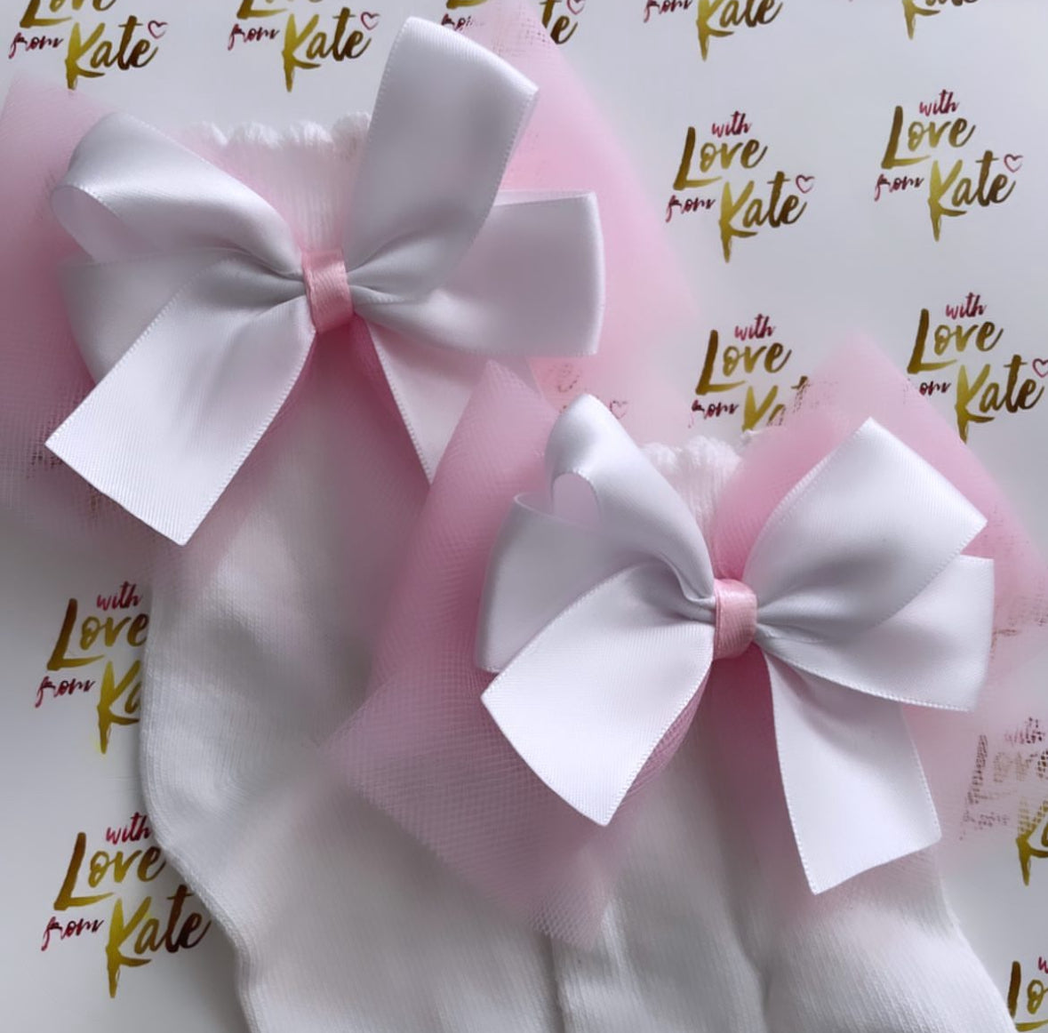 White ankle socks with pink & white tulle & satin bows