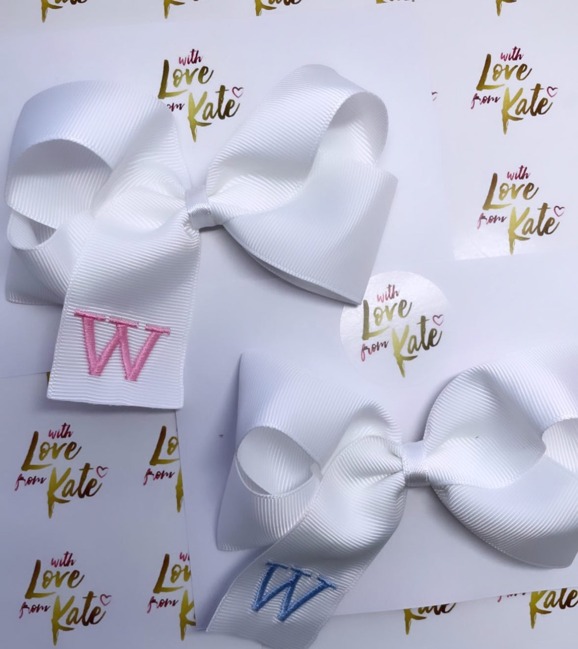 White Embroidered initial boutique bow