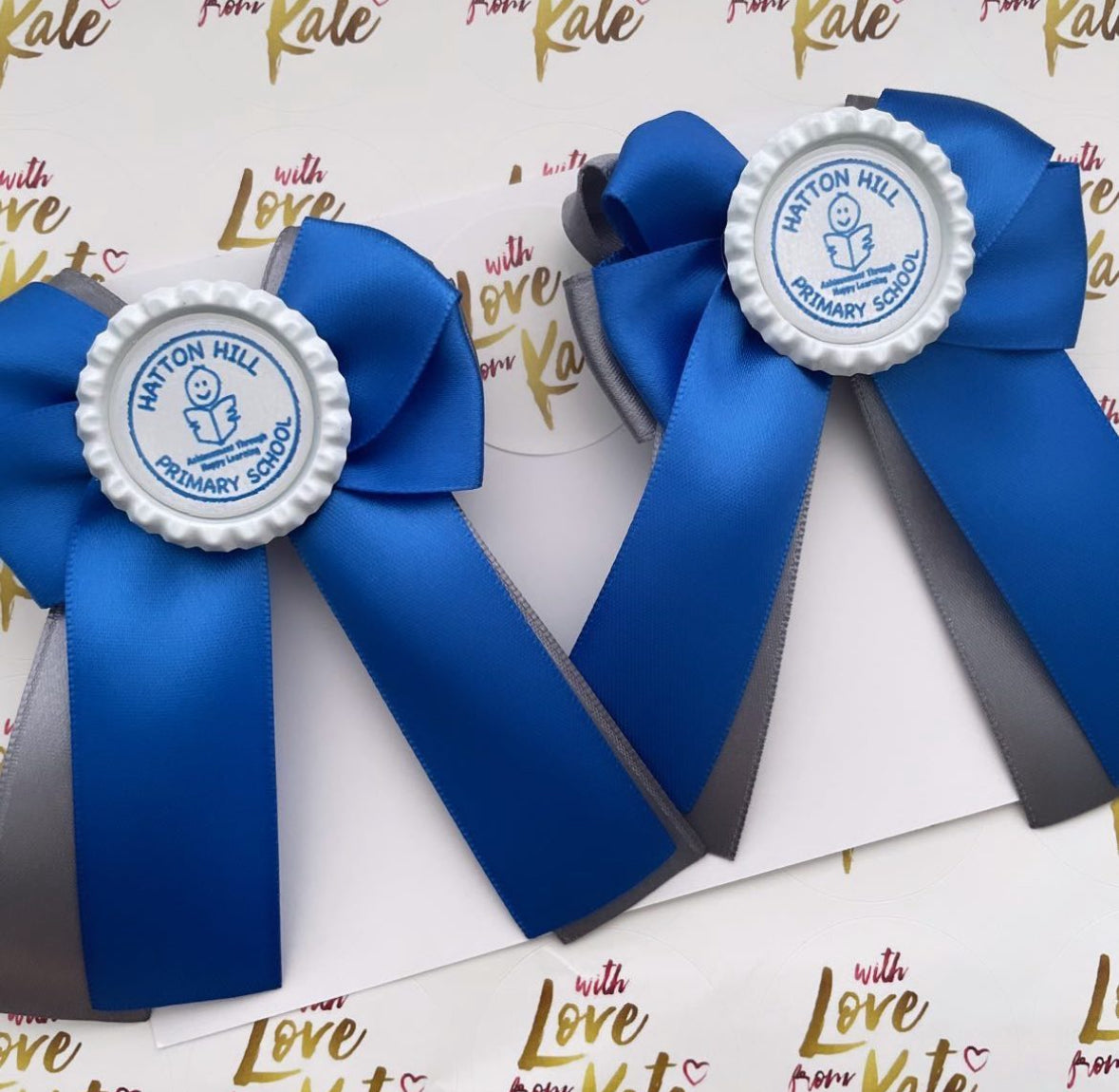 Royal blue & grey long tail bow with personalisation