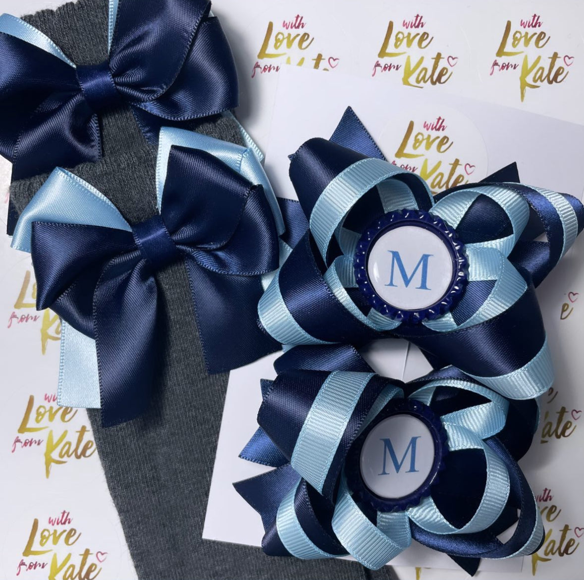 Navy & light blue long tail bow socks & personalised stacked bows set
