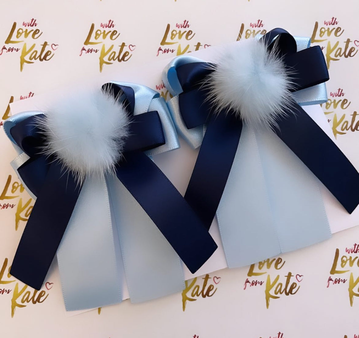 Navy & light blue long tail bow with pom pom