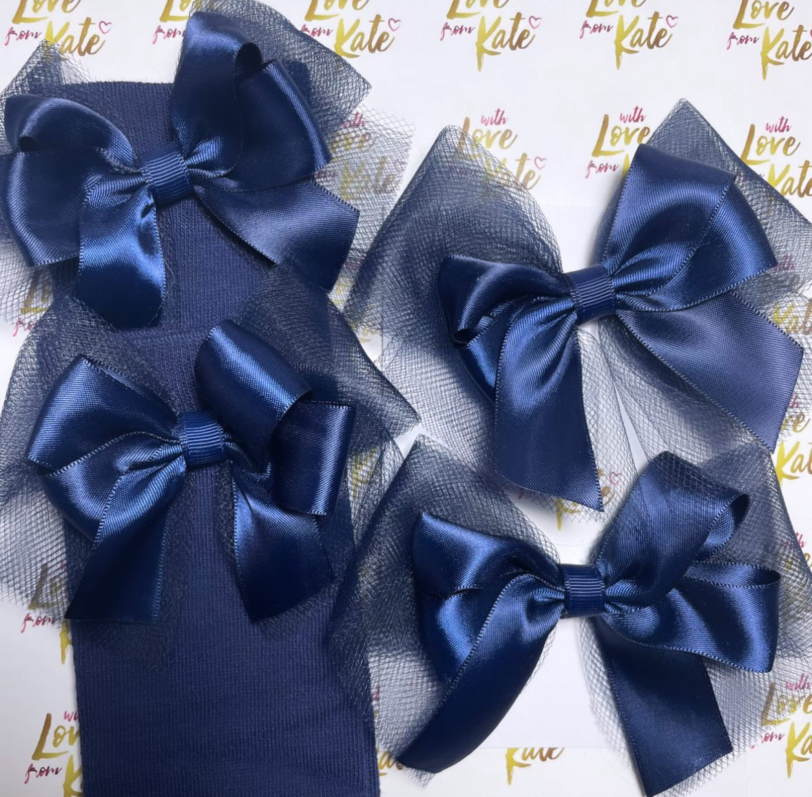 Navy tulle & satin bows & sock set