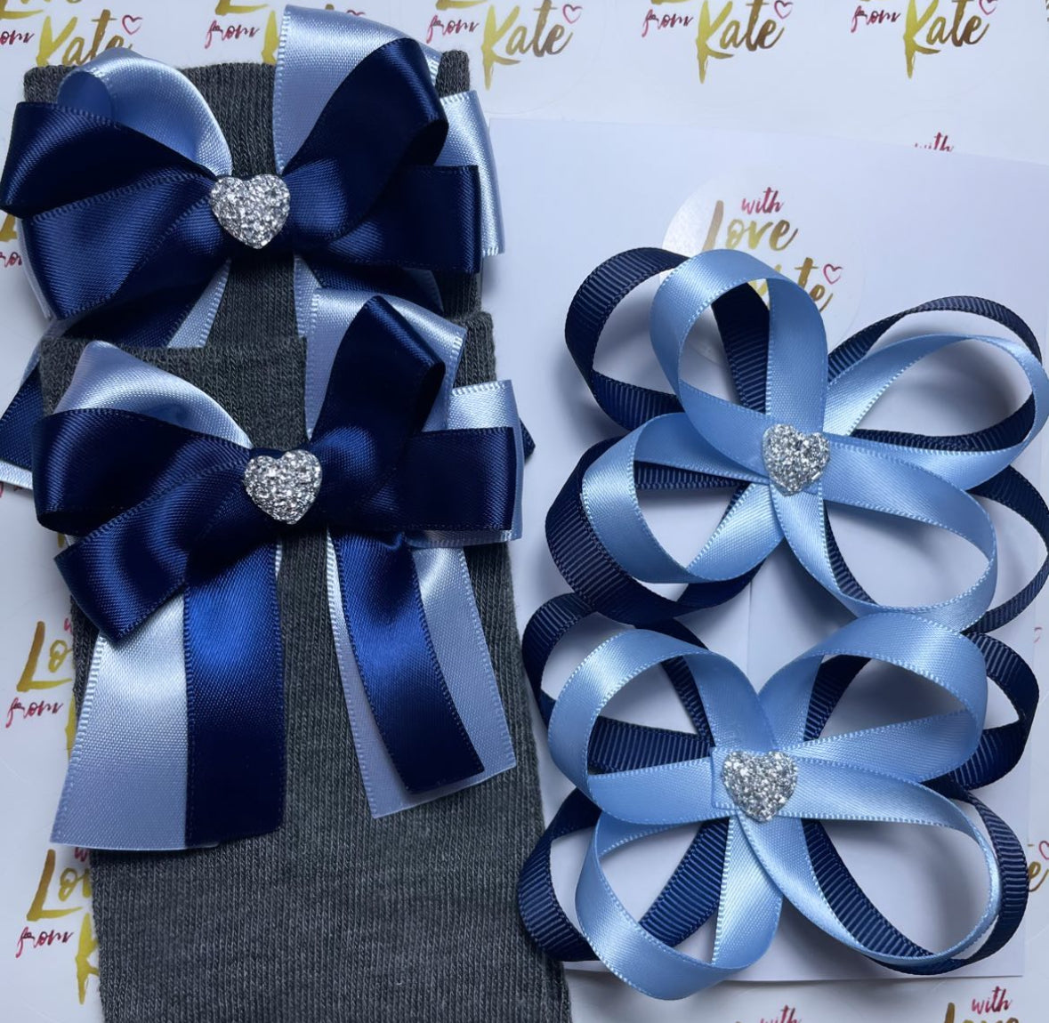Navy & light blue long tail bow socks & butterfly bows set
