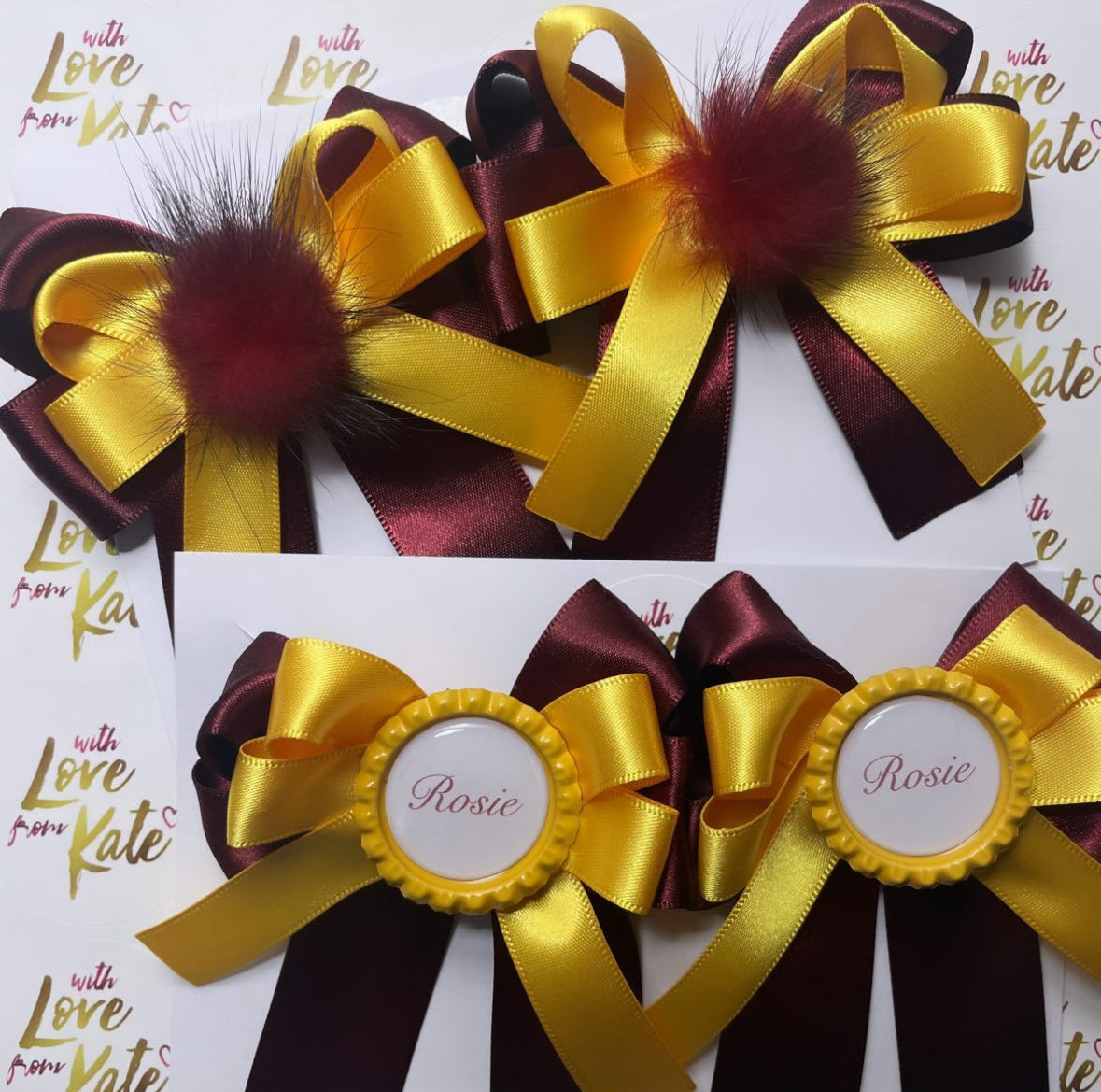 Maroon & yellow longtail bow bundle with personalisation
