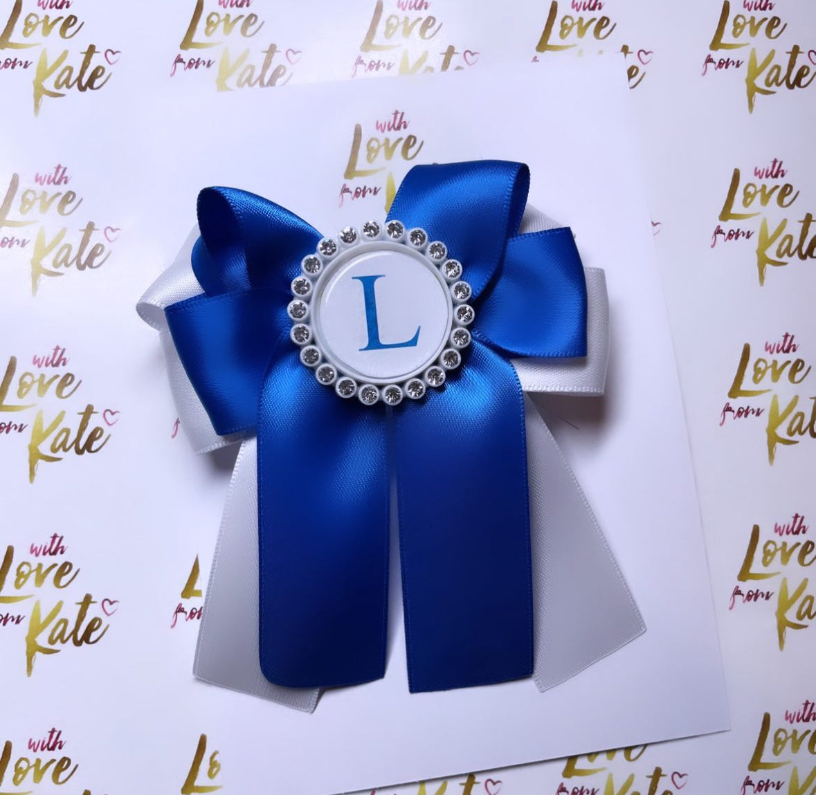 Royal blue & white long tail bow with personalisation