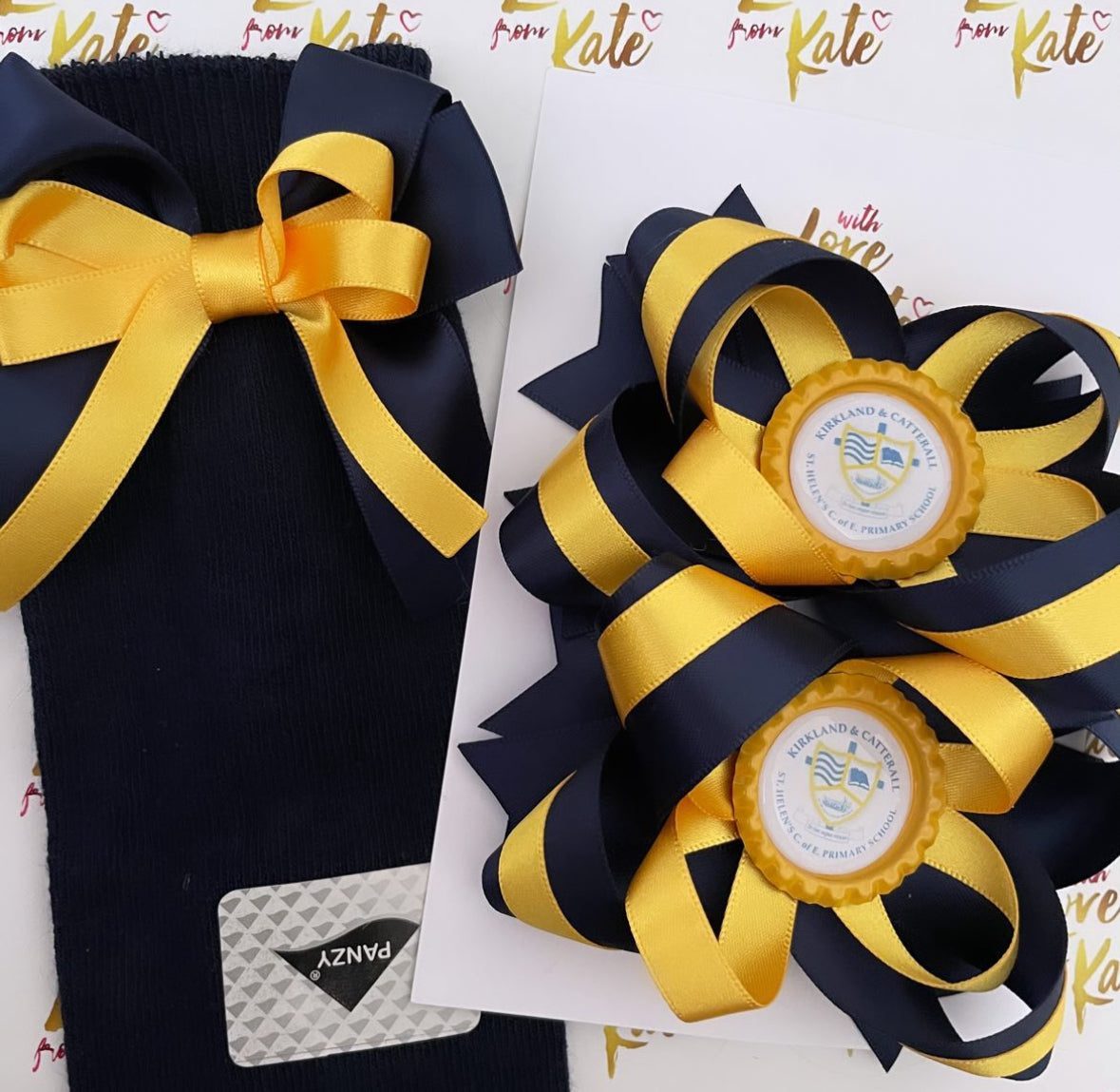 Navy & yellow long tail bow socks & personalised bows set