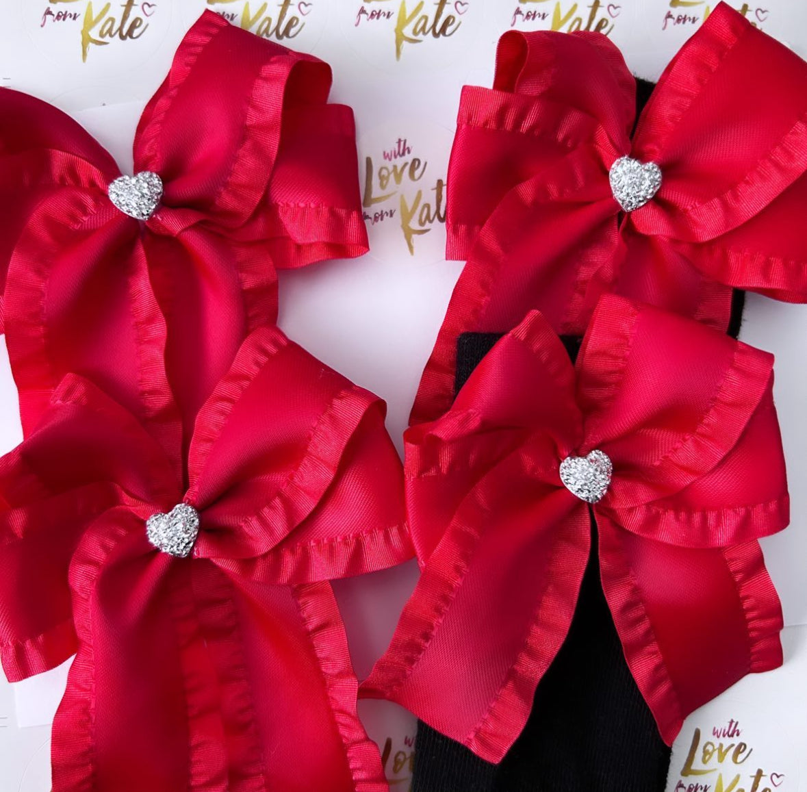 Red ruffle ribbon long tail bow socks & hair bow set