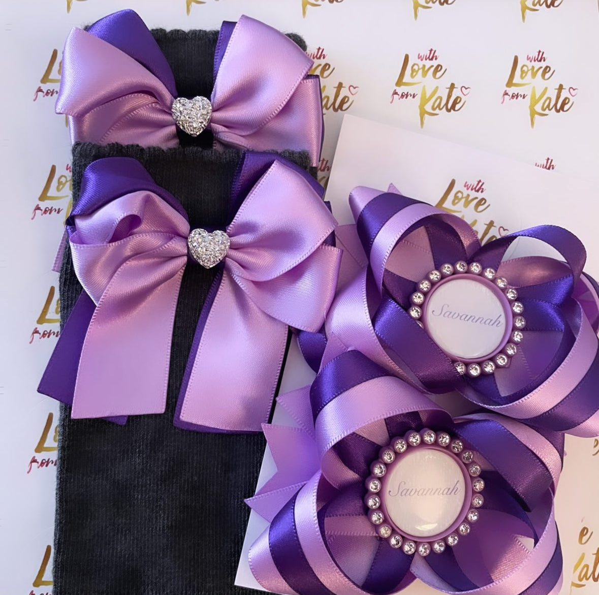 Purple & lilac long tail bow socks & personalised bows set