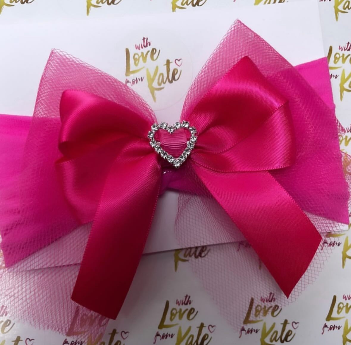 Cerise pink heart centre tulle & satin bow baby headband