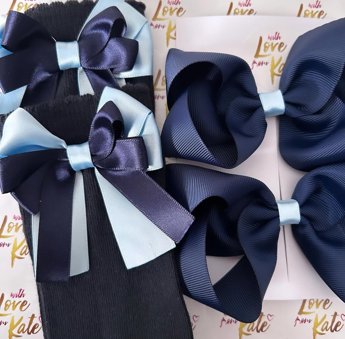Navy & light blue long tail bow socks & hair bows set