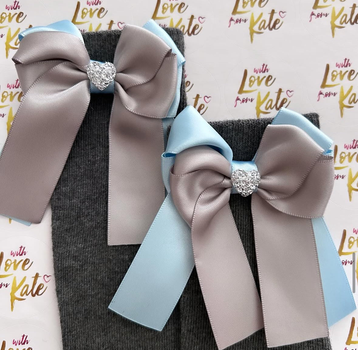 Grey & light blue long tail bow socks
