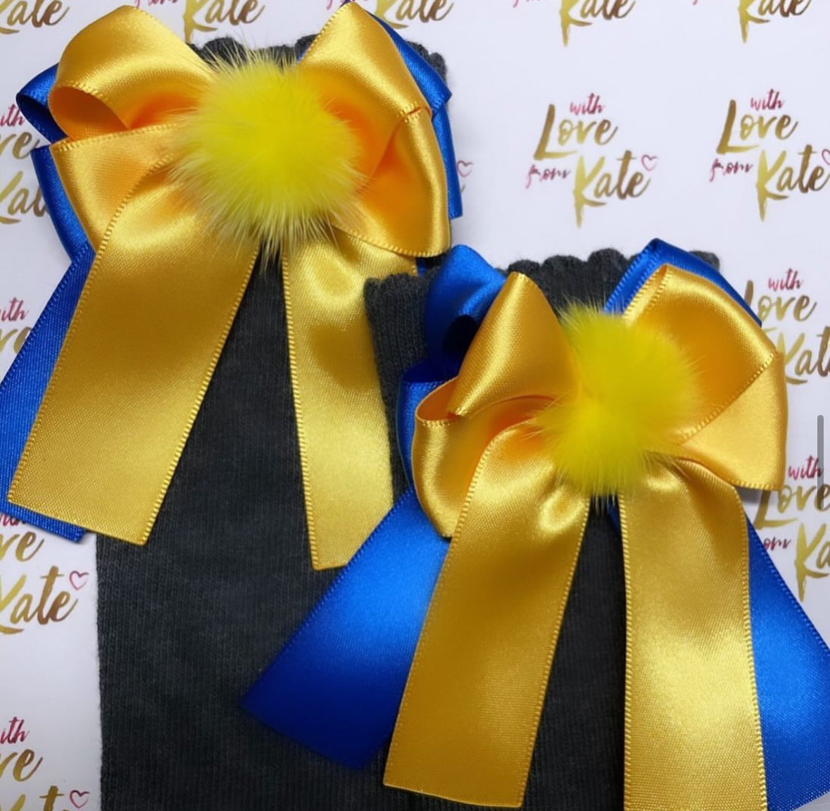 Royal blue & yellow pom Pom long tail bow socks