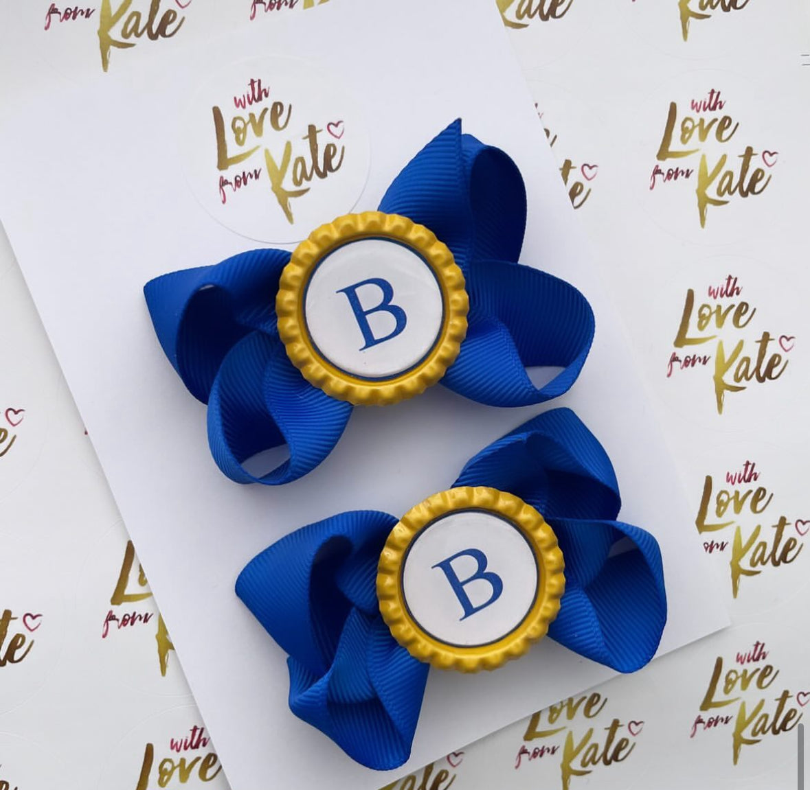 Royal blue & yellow 3 inch boutique bows with personalisation